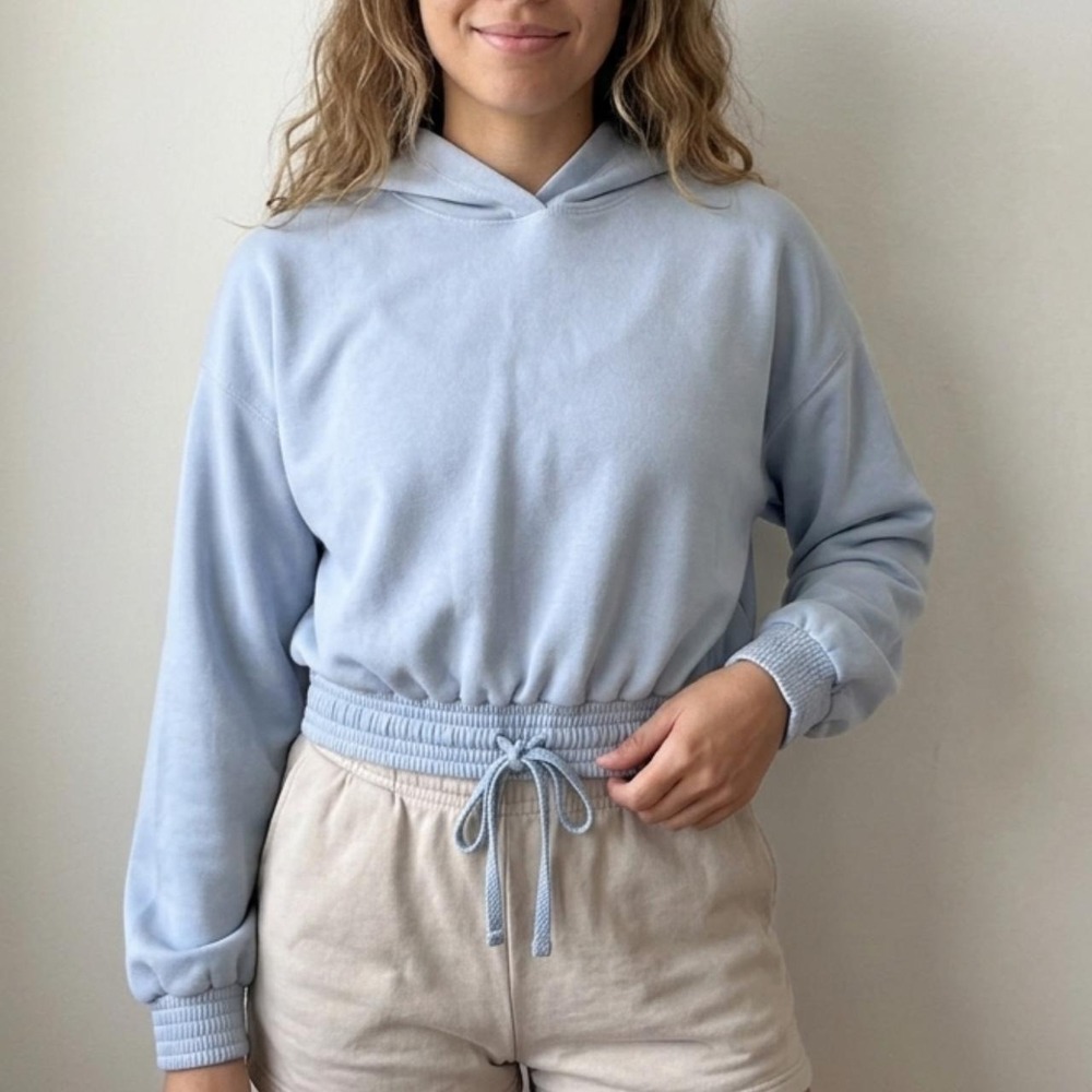Sweaty Betty Baby Blue Crop Hoodie Adjustable Tie Waist Oversized Soft – XS